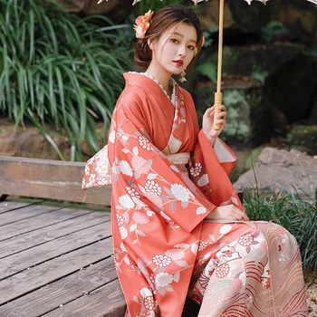 Japon Geleneksel Uzun Kollu Geleneksel Kimono Vintage Stil Turuncu Renk Çiçek Baskılar Yukata Cosplay Giyim Fotoğraf Elbise