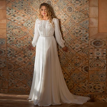 Jiayigong Vestido De Noiva düğün elbisesi Artı Boyutu 2022 Bohemian gelinlikler Uzun Kollu Scoop Dantel Şifon Gelin Elbiseleri