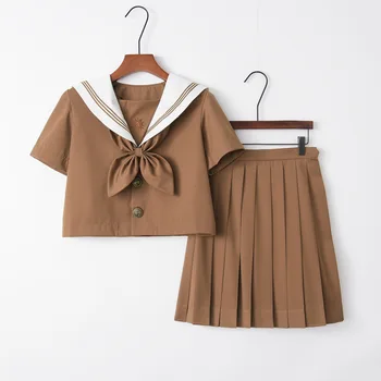 JK Üniforma Kahverengi Denizci Elbisesi Kısa / uzun Kollu Japon Okul Üniformaları Kızlar Orta Takım Elbise Yaz Takım Elbise kadın Pilili Etek