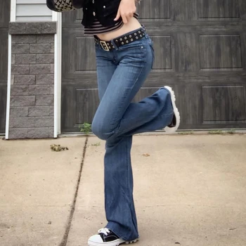 Kadın Kot Retro Sıcak Kız Düşük Bel Sıska Alevlendi Pantolon Uzun Denim Pantolon Retro Elbise Kore Moda Fairycore Streetwear
