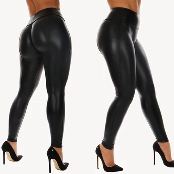 Kadın Siyah PU Deri Legging Yüksek Bel Parlak Bling Streç Elastik Legging İnce kalem pantolon Clubwear