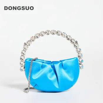 Kadın tasarımcı Rhinestones akşam çanta mini kristal tote çanta parti çanta siyah sıcak pembe mavi saten omuz crossbody çanta