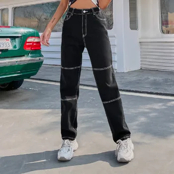 Kadın Yüksek Bel Kot Basit Çizgiler Patchwork Vahşi Rahat Şık Kore Tarzı Streetwear Düz Kot Pantolon Pantolon