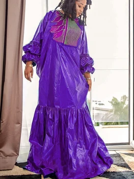 Kadınlar İçin afrika Elbiseler 2023 Yeni Zarif Mor Orijinal Bazin Riche Uzun Elbiseler Dashiki Elbise Havzası Gevşek Tarzı Abiye giyim