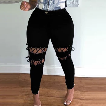 Kadınlar Katı Grommet Kuşgözü Dantel-Up Sıska Siyah Kot Rahat Günlük Giyim Sıkı Uzun Pantolon Streetwear Kot Pantolon
