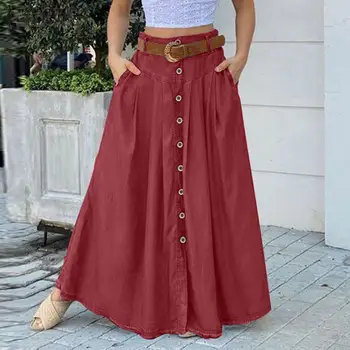 Kadınlar Yüksek Bel Casual Katı Şık Uzun Etekler 2021 Göğüslü Düğme Maxi Etekler Sonbahar Sundress Kadın Düz Elbise Streetwear