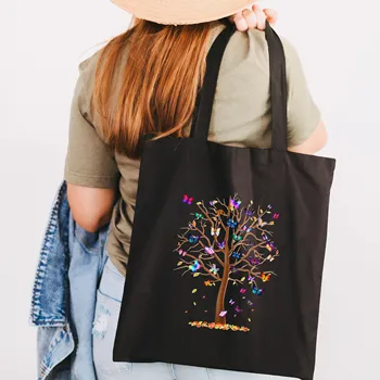 Kelebek Ağacı Siyah Tuval Kadın Alışveriş Çantaları Anne Hayat Kız bez omuz çantaları Kullanımlık Shopper Öğretmen Öğrenci Kitap Çantaları