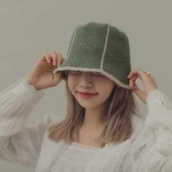 Kore kadın Şapka Rahat Hit Renk Çizgili Örme Kısa Ağız Balıkçı Şapka Sonbahar Havza Şapka Ekleme Retro Kova Gorros