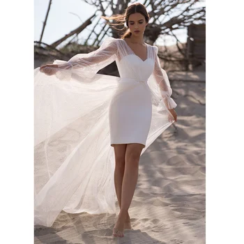 Kısa düğün elbisesi Kapalı Omuz Beyaz Mini gelinlik 2022 Backless Sevgiliye Plaj Gelin Elbise Puf Kollu Ceket 3 in 1