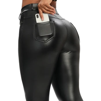 Kış Siyah Deri Tayt Kadınlar Skinny Push Up Yüksek Bel Legging Cepler PU Pantolon Ince Kadife Pantolon Streç Seksi Leggins