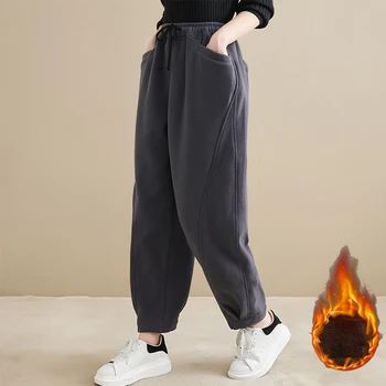 Kış Yeni Moda Sıcak Polar Kalın Boy Gevşek Rahat Pantolon Kadın Düz Renk Elastik Bel Çok Yönlü Premium Sweatpants