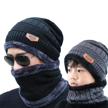 Kış Şapka erkek Şapka Aile Eşleştirme Ebeveynler Çocuk Bere Eşarp Seti gorro masculino Yumuşak Kalın Sıcak Kapaklar yün erkek kap