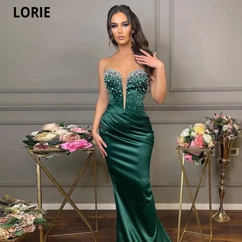LORIE Modern İpek Saten balo kıyafetleri 2022 Kolsuz Lüks İnciler Kat Uzunluk Mermaid Akşam Elbise Kadınlar Örgün Yeşil Elbise