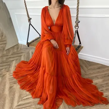 LORIE Uzun Puf Kollu Şifon balo kıyafetleri 2021 V Yaka Pleats Prenses Abiye giyim Kadın Parti Elbise Artı Boyutu