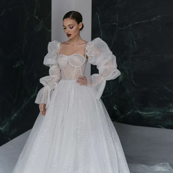 Lüks Parlak A-Line düğün elbisesi 2022 Dantel Spagetti Sapanlar Çıkarılabilir Uzun Kollu Kısa Kuyruk gelin kıyafeti Abito Da Sposa