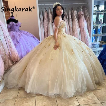Lüks Şampanya Quinceanera elbise Balo Sevgiliye Boncuk Aplikler Balo Mezuniyet Prenses Tatlı 15 16 Elbise