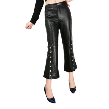 M-3XL Kadın Hakiki Deri flare pantolon Koyun derisi bölünmüş pantolon Kadın yüksek bel siyah renk ince pantolon wq1509 dropship