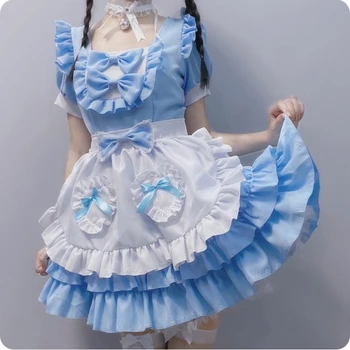 Mandylandy Japon Seksi Lolita Elbise Krem Küçük Bal Hizmetçi Kostüm Mavi Lolita Elbiseler Nimation Gösterisi Japon Kıyafet Elbise