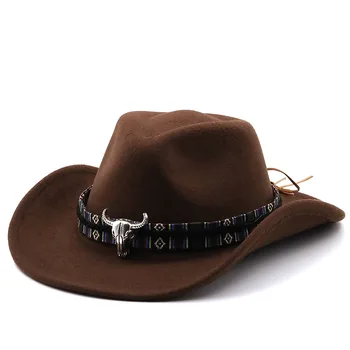 Moda Batı kovboy şapkası İnek Kafa Bandı ile geniş şapka Pop Caz Şapka Kış Erkek Kadın Caz Yün Şapka İnek Kız Şapka