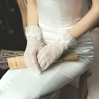 Moda Gelin düğün elbisesi Eldiven Kadın Fildişi Tül Dantel Tam Parmak Eldiven Gelin Akşam Parti Aksesuarları Kız bayan eldivenleri