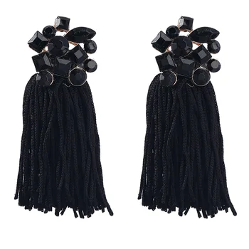 Moda Siyah Çiçek Halat Uzun Püskül Geometrik Küpe Kadınlar Vintage Kristal Rhinestone Dangle Küpe Takı Toptan