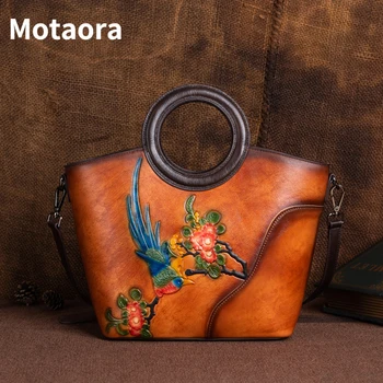 MOTAORA Vintage Kabartmalı Inek deri çantalar Kadın Çantası Moda Kadın Çanta Gerçek Inek Derisi Büyük Kapasiteli Çiçek omuz çantaları