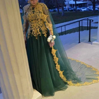 Müslüman Abiye 2023 O-Boyun Aplikler Zümrüt Yeşil ve Altın Uzun Balo Abiye Arapça Fas Kaftan Tül Parti Elbise