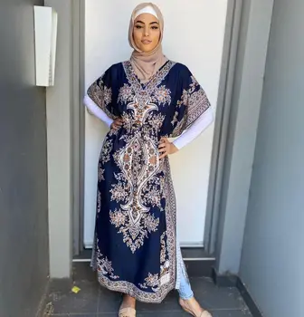 Müslüman Elbise Kadın Kaftan Marocain Yarasa Kollu İpli Gevşek Büyük Salıncak Baskı Uzun Elbise Gevşek Abaya Dubai Türkiye Vestido