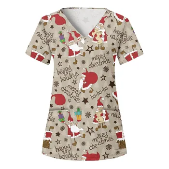 Noel hemşire üniforması Kadın Scrubs Noel Baba Baskı Çalışma Bluz Hemşire Giysisi Sağlık Bakıcı Yeni Yıl Tıbbi Üniforma