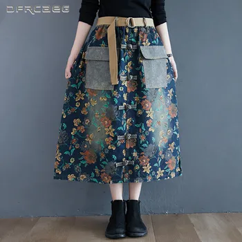 Patchwork Vintage Baskı Kadın Kot Uzun Etekler Kemer İle 2020 Elastik Bel Streetwear Gevşek Kot Etek Toka Saia Longa