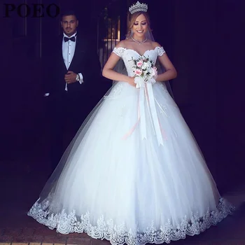 POEO Kapalı Omuz düğün elbisesi Sevgiliye Balo Aplikler Gelin Kıyafeti Kat Uzunlukta Mahkemesi Vestido De Novia Kadınlar İçin