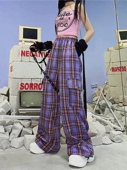 QWEEK Alışveriş Merkezi Goth Y2K Kargo pantolon Kadın Hippi Mor Ekose Harajuku Streetwear Zincir Kontrol Pantolon Kadın Yüksek Bel Estetik