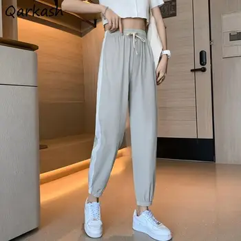 Rahat Pantolon Kadın Harem Ayak Bileği Uzunlukta Pantolon Yaz Kore Tarzı Yan Şerit İpli Patchwork Egzersiz Basit Moda Pantolon