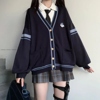 Renkli Kolej Sonbahar Kış Yeni Japon Uzun kollu Kazak Ceket Kız Öğrencilerin Kore Gevşek Örme Hırka Lacivert