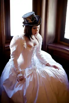 Retro Uzun Kollu Steampunk düğün elbisesi Alternatif Dantel-up Korse Beyaz Victoria Beyaz Masquerade gelin elbiseleri artı boyutu