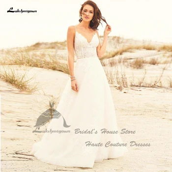 Robe Femme Şık Gelin Plaj düğün elbisesi V Boyun Yaz 2023 Payetli Dantel Aplikler Boho Gelinlikler Spagetti Sapanlar