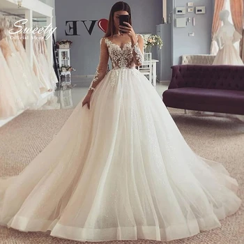 Sadelik düğün elbisesi Organze Nakış A-line Kat Uzunluk Balo O-boyun Tam Kollu gelinlik Düğme Vestido De