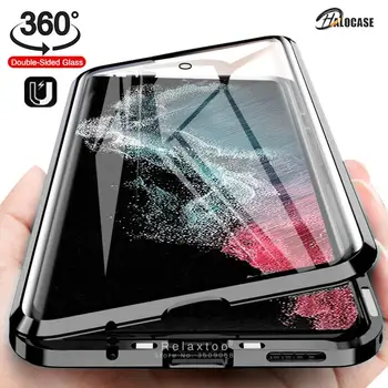 Samsung S23 Ultra 360° Çift Taraflı Temperli Cam Metal Tampon Tam koruyucu kapak Samsung S22 S21 S20 Ultra Mıknatıs Flip