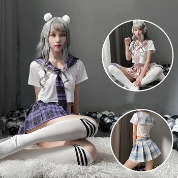 Seksi İç Çamaşırı Cosplay Kıyafet Okul Kız JK Japon Öğrenci Üniforma Rol Oynayan Erotik Kostüm Denizci Elbisesi Ekose Mini Etek