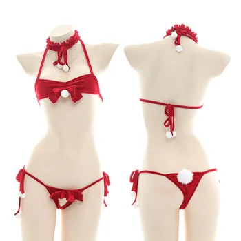 Seksi Kostüm Seti Saiko Noel Kırmızı Kadife Kravat İlmek Bikini Lolita Fırfır Halter Sutyen Tavşan Kız Kuyruk İç Çamaşırı