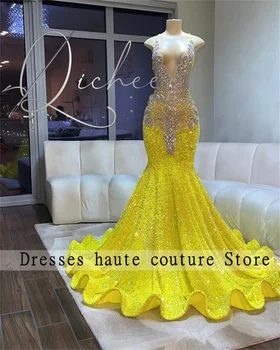 Seksi Sarı Sheer Boyun Boncuklu balo kıyafetleri 2023 Kadife Sequins Ruffles Mermaid Abiye giyim Örgün Parti Elbiseler