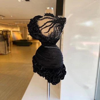 Seksi Siyah Fırfır Kısa balo kıyafetleri Kadınlar için 2022 Kadife Boncuklu Mini Kokteyl Elbiseleri Kristaller doğum günü partisi elbisesi Custom Made