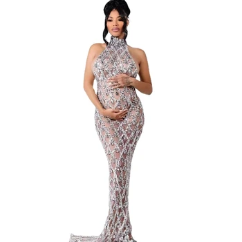 Seksi Örgü Kutlamak Akşam Düğün Sparkly Gümüş Sequins Rhinestones Kolsuz Balo elbisesi Doğum Günü Elbise Fotoğraf Giyim Elbise