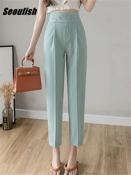 Seoulish Yeni 2022 Yaz Düğmesi kadın Resmi harem pantolon Cepler İş Giysisi Düz Pantolon Yüksek Bel Ayak Bileği Uzunlukta Pantolon Kadın