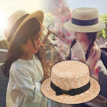 Sevimli Çocuk Kız Şapka Ilmek Güneş Şapkası Çocuklar Büyük Ağzına Hasır şapka Plaj Yaz Sahil Şeridi 54cm Düz Üst Fötr Şapka Yuvarlak Saman 