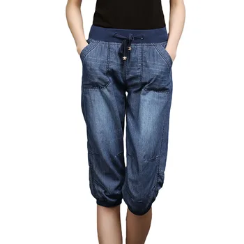 Siyah Denim Kot kadın Yaz harem pantolon Açık Yıkanmış Gevşek Pamuklu Rahat Buzağı Uzunlukta Mavi Pantolon Kadın Giyim 3XL 4XL