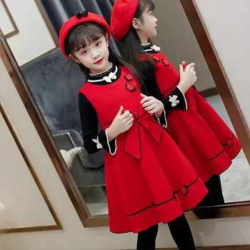 Sonbahar Kış Yeni Çocuk Elbise Seti Kore Tarzı Kırmızı Yeni Yıl Kazak Ve Etek Seti Kız Güzel Prenses Kabarık Vestido Takım Elbise