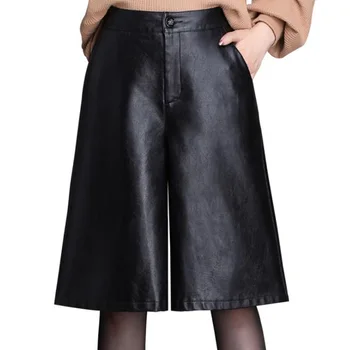 Sonbahar Moda PU Deri Şort Kadın Gevşek Uzun Şort Siyah Diz Boyu Geniş Bacak kısa pantolon Bermuda Femme