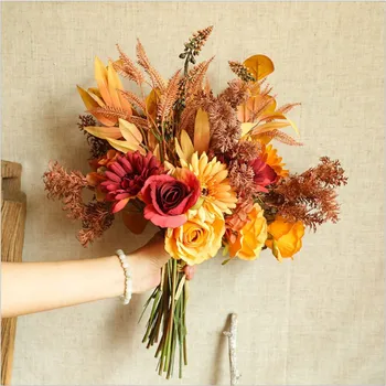 Sonbahar Sahte Gül Çiçek Yüksek Kalite Güz Gerbera Papatya yapay çiçek Uzun Buket Ev Düğün Dekorasyon için Sonbahar Bırakın