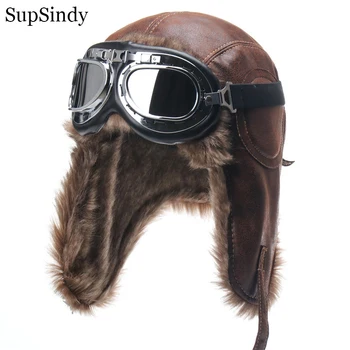 SupSindy Erkekler Kış Bombacı Şapka İle Gözlük Açık Motosiklet Rüzgar Geçirmez Sıcak Faux Kürk Pilot Kış Kulaklığı Şapka Deri Termal Rus Kalpağı